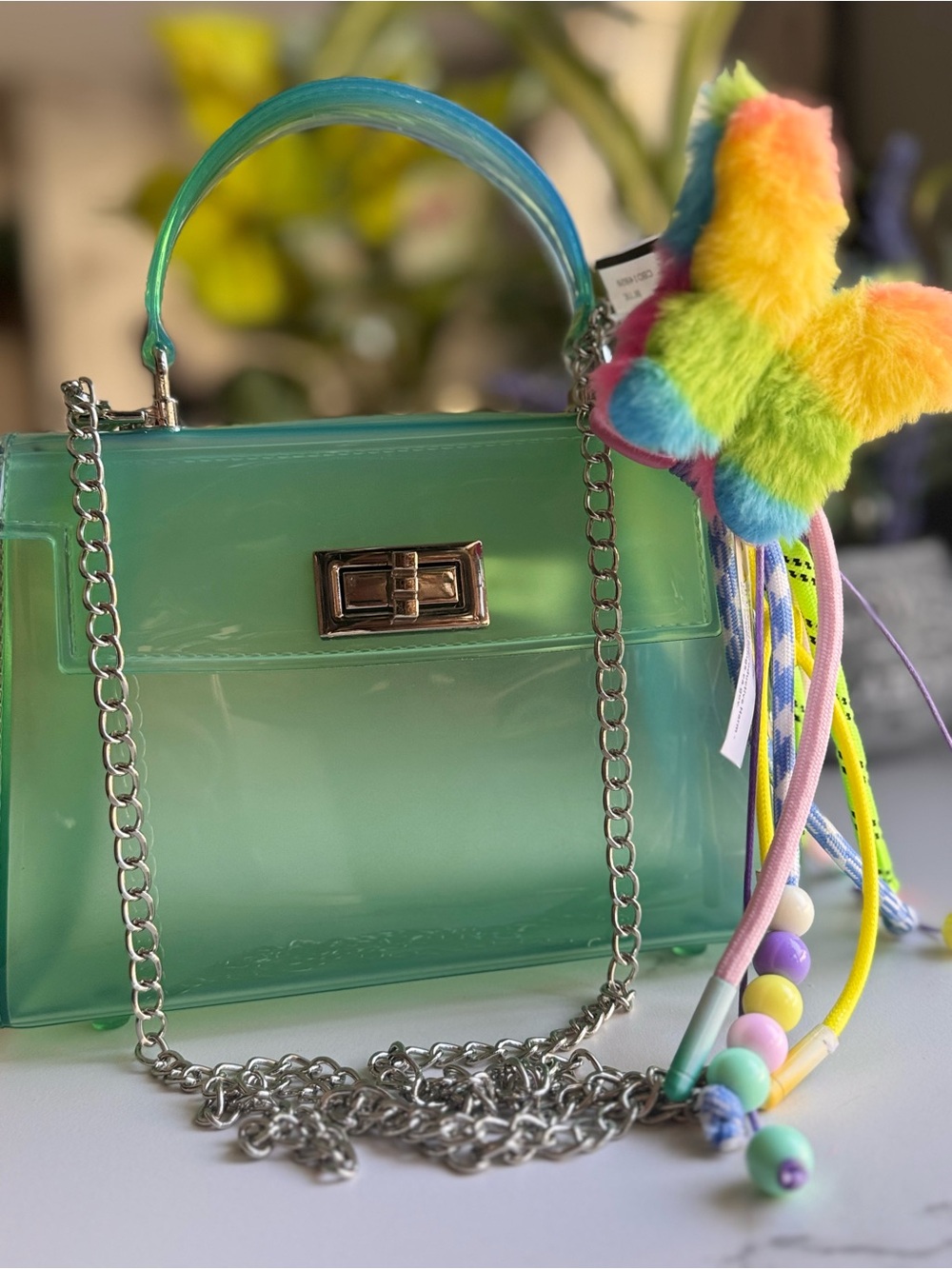 Green Jelly Top-Handle Mini Satchel Crossbody + chain +charms - Picture 2 of 5